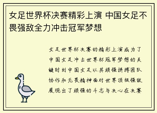 女足世界杯决赛精彩上演 中国女足不畏强敌全力冲击冠军梦想